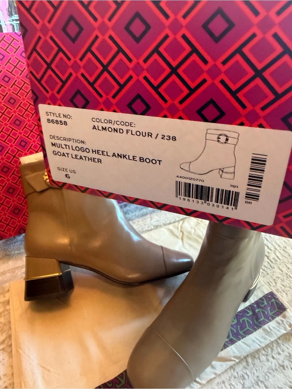 Tory Burch Multi Logo Heel Ankle Boots with Gold Tone Buckle